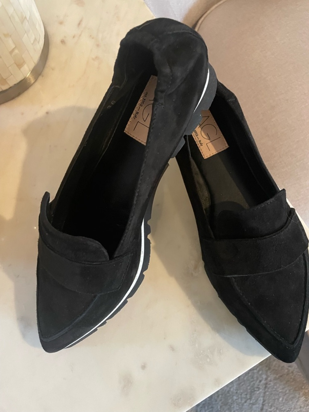 AGL Black Suede Pointed Loafer with White Trim - Picture 2 of 10